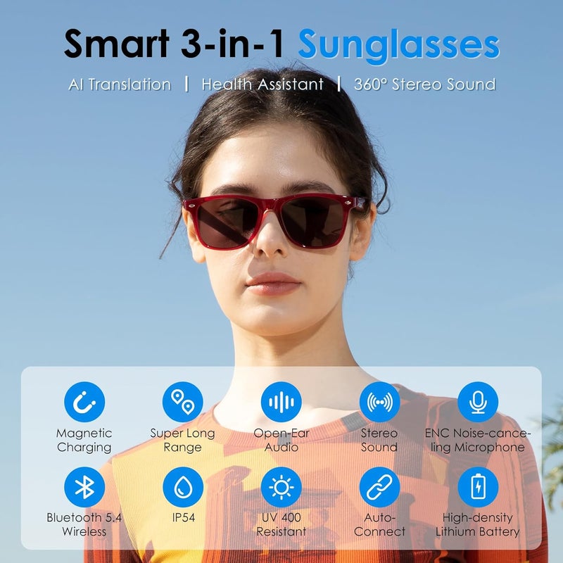GetD Bluetooth Sunglasses for Men/Women, AI Translator Powered by GPT, 11H Battery, Polarized UV Protection, Smart Eyewear Powered by ChatGPT, AI Real-time Translation with 145 languages - Image 2